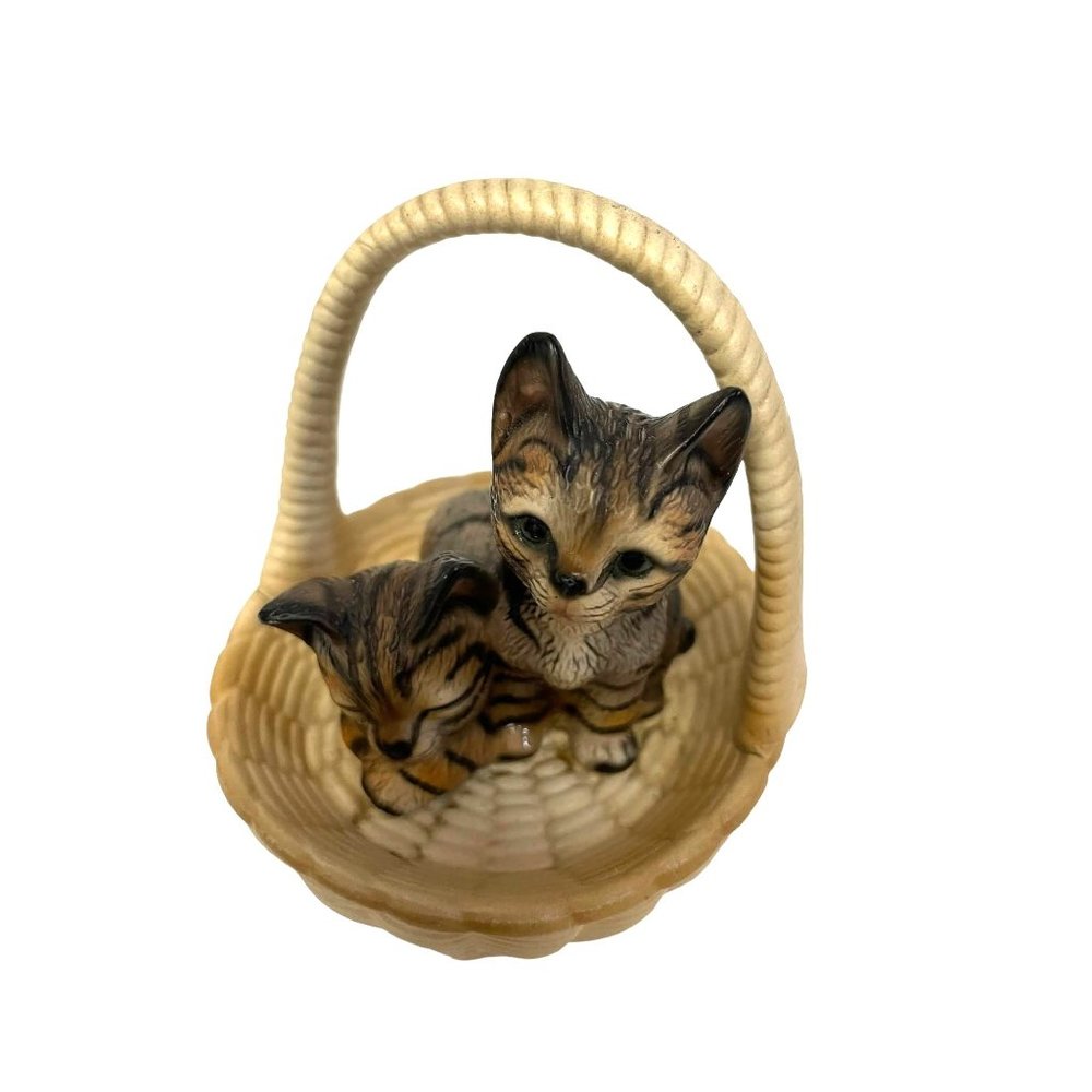 Realistic Two Striped Kittens in Basket Figurine Knick Knack 3.5"H